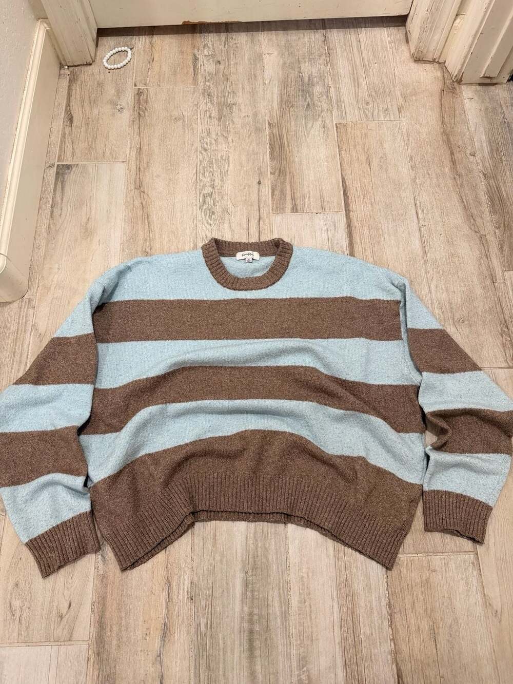 Vintage Faded Rose Striped Crew Neck Knit Sweater in Drift Blue and Brown